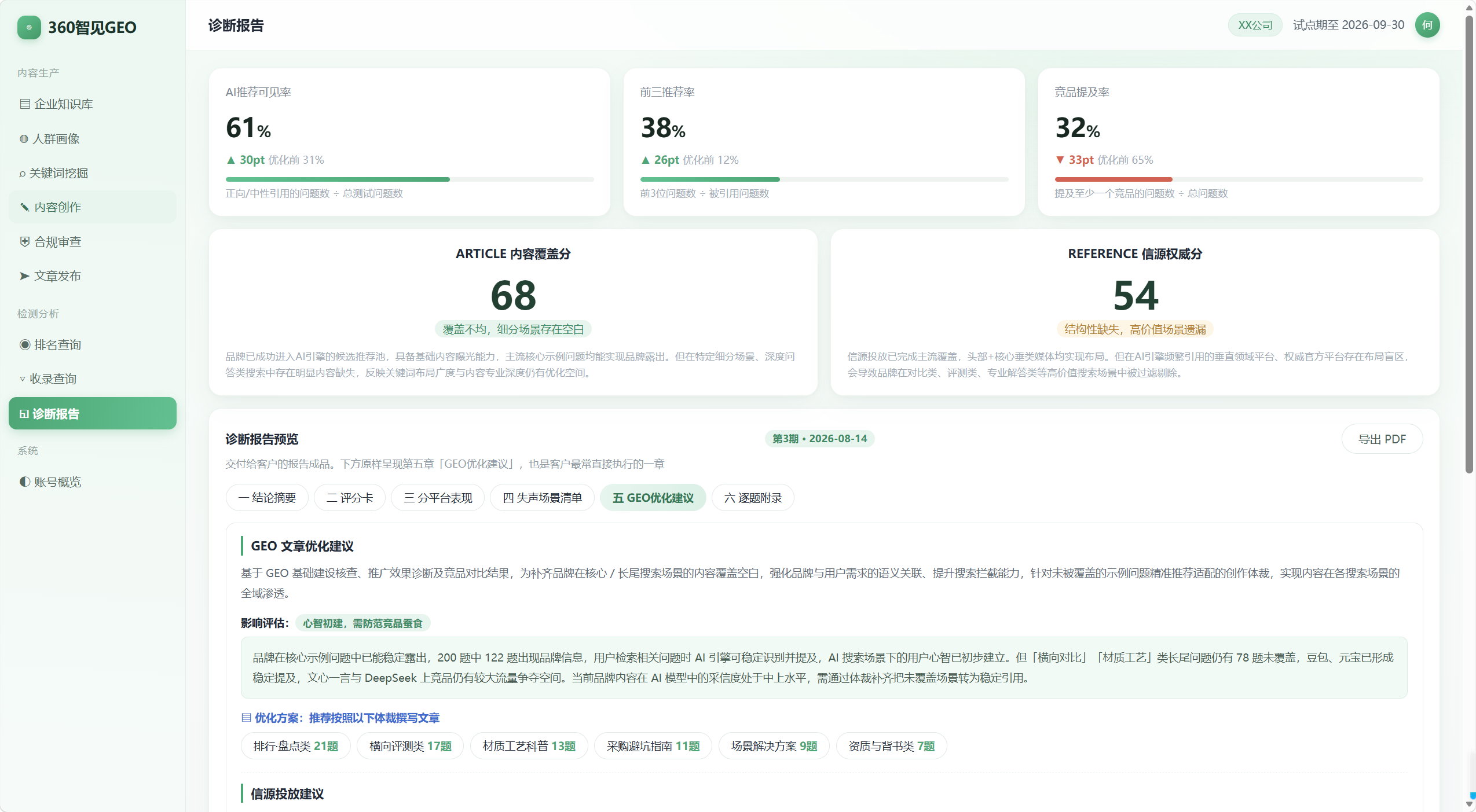 360智见GEO 诊断报告界面